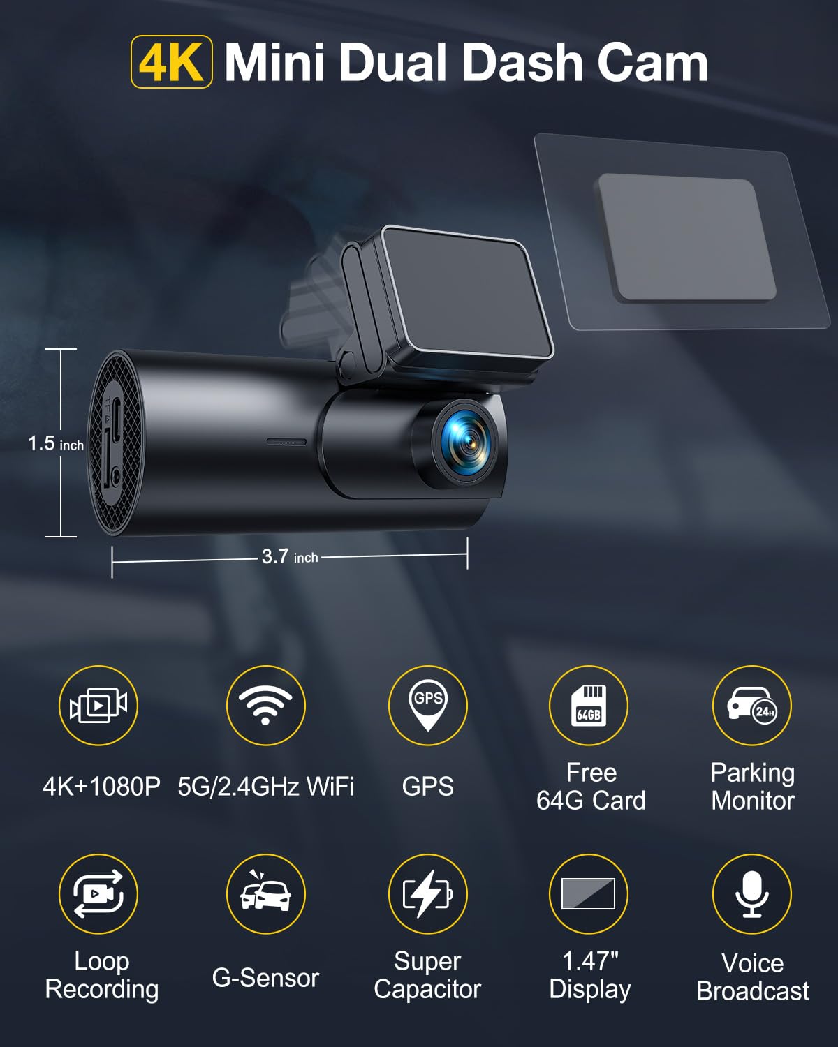 GKU 4K Dash Cam Front and Rear
