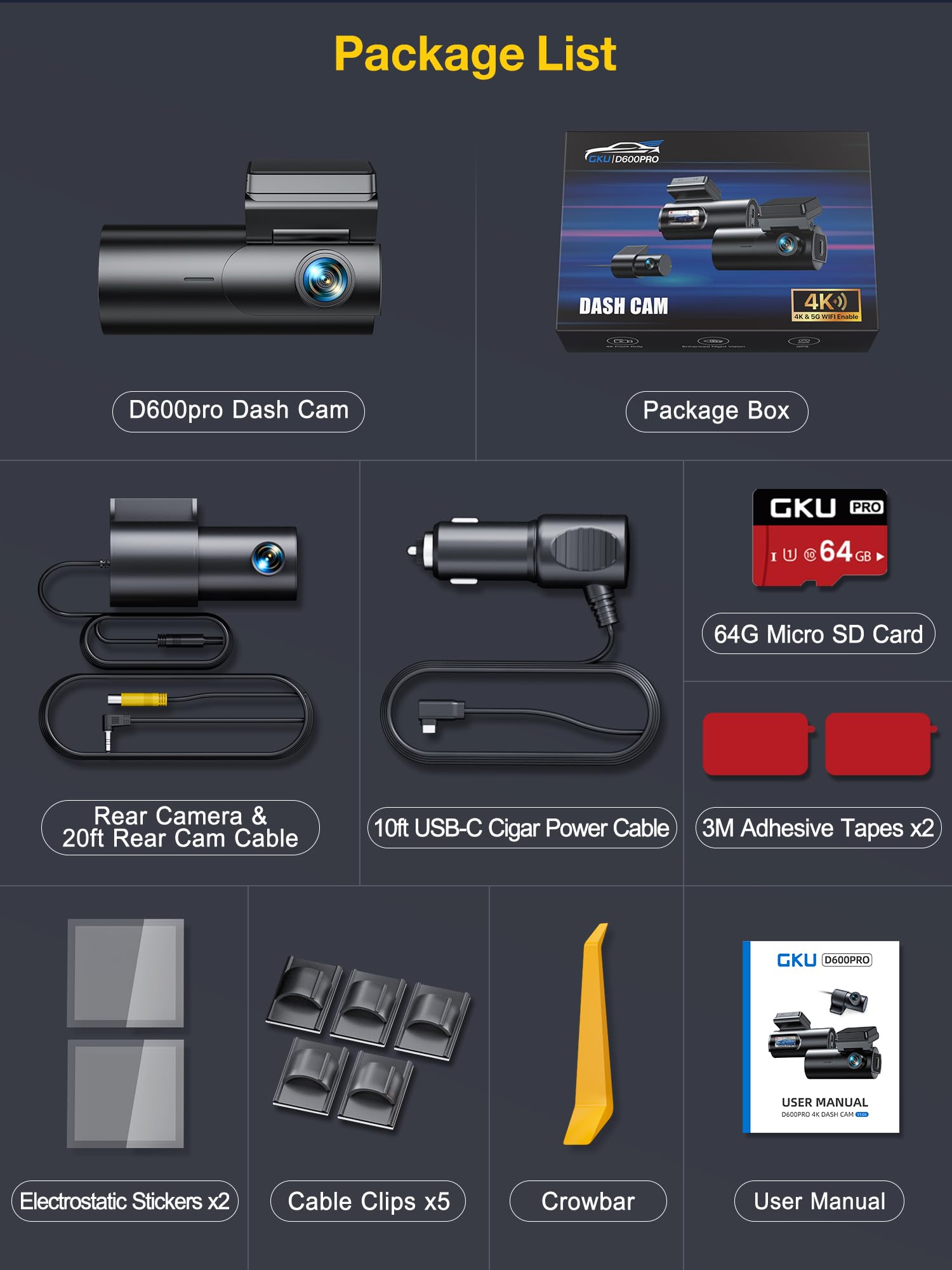 GKU 4K Dash Cam Front and Rear